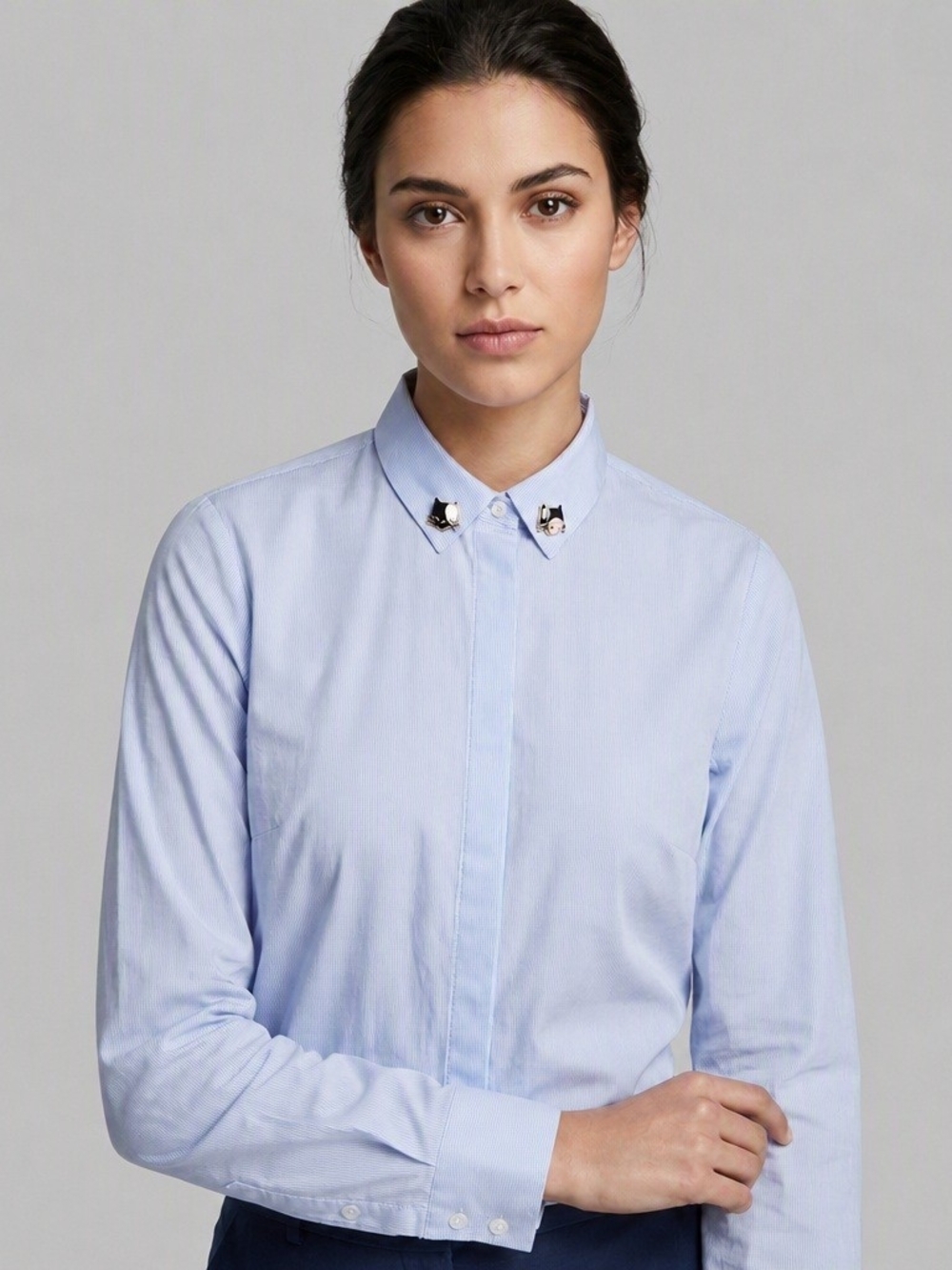 H&M Blue White Striped Button Down Shirt Embellished Collar 10 Rhinestone Jewel